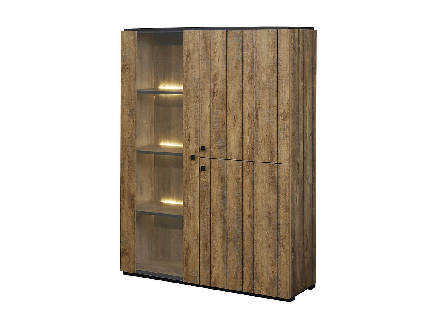 GLESS - Argentier 1 Porte Vitrée et 2 Portes Pleines Aspect Bois Finition Denver avec Leds