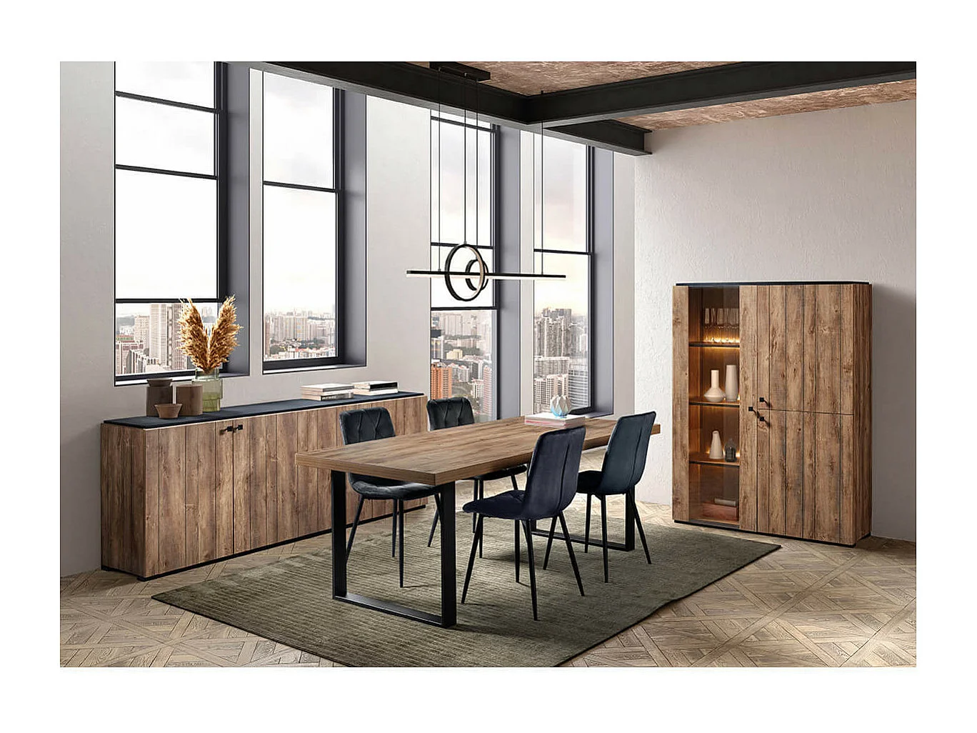 GLESS - Argentier 1 Porte Vitrée et 2 Portes Pleines Aspect Bois Finition Denver avec Leds