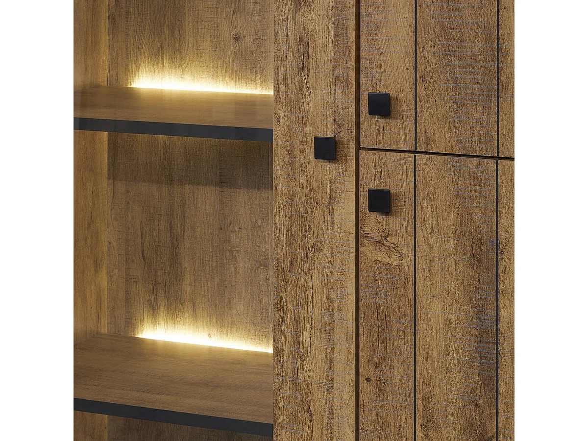 GLESS - Argentier 1 Porte Vitrée et 2 Portes Pleines Aspect Bois Finition Denver avec Leds