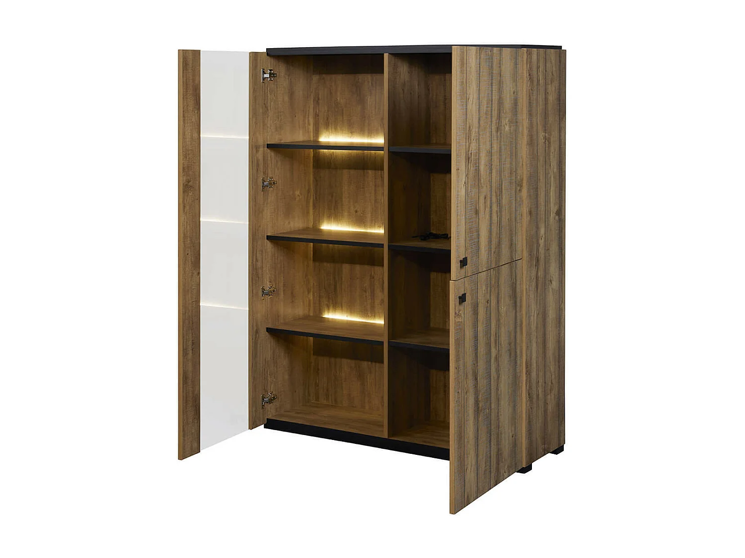 GLESS - Argentier 1 Porte Vitrée et 2 Portes Pleines Aspect Bois Finition Denver avec Leds