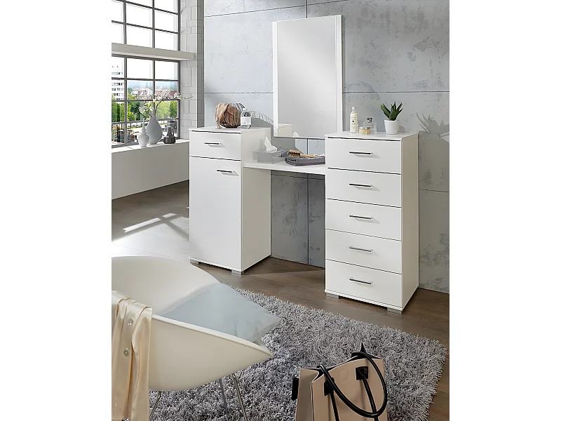 Coiffeuse blanche en panneaux de particules, 1 porte et 6 tiroirs - Dim : 165 x102 x 41cm