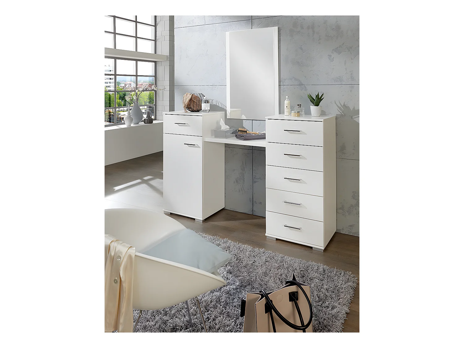 Coiffeuse blanche en panneaux de particules, 1 porte et 6 tiroirs - Dim : 165 x102 x 41cm