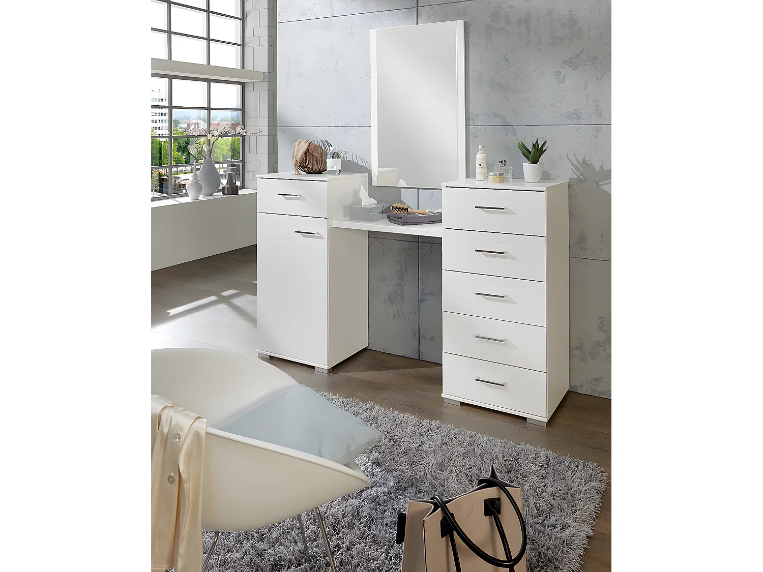 Coiffeuse blanche en panneaux de particules, 1 porte et 6 tiroirs - Dim : 165 x102 x 41cm