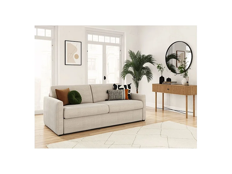 Canapé convertible express 3 places Agathe 160x190cm en velours côtelé - Beige - Matelas 13cm - L198 x P96 x H88cm - Loungitude