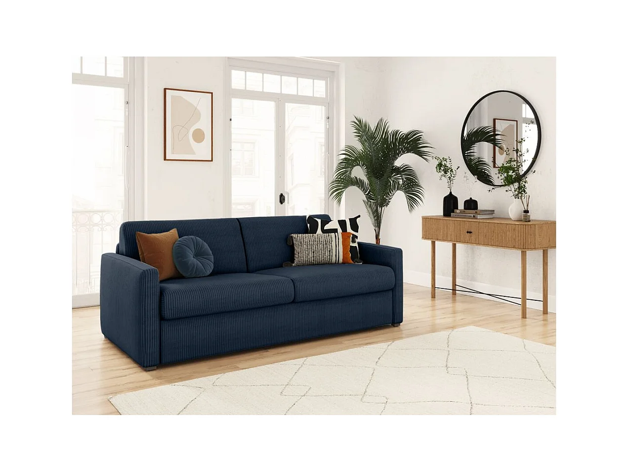 Canapé convertible express 3 places Agathe 140x190cm en velours côtelé - Bleu foncé - Matelas 13cm - L178 x P96 x H88cm - Loungitude