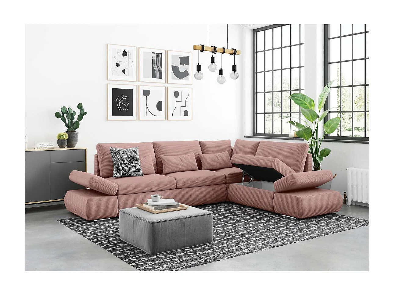 Canapé d'angle 4 places réversible Sebastian convertible avec coffre en velours côtelé - Vieux rose - L267 x P200 x H90cm - Loungitude