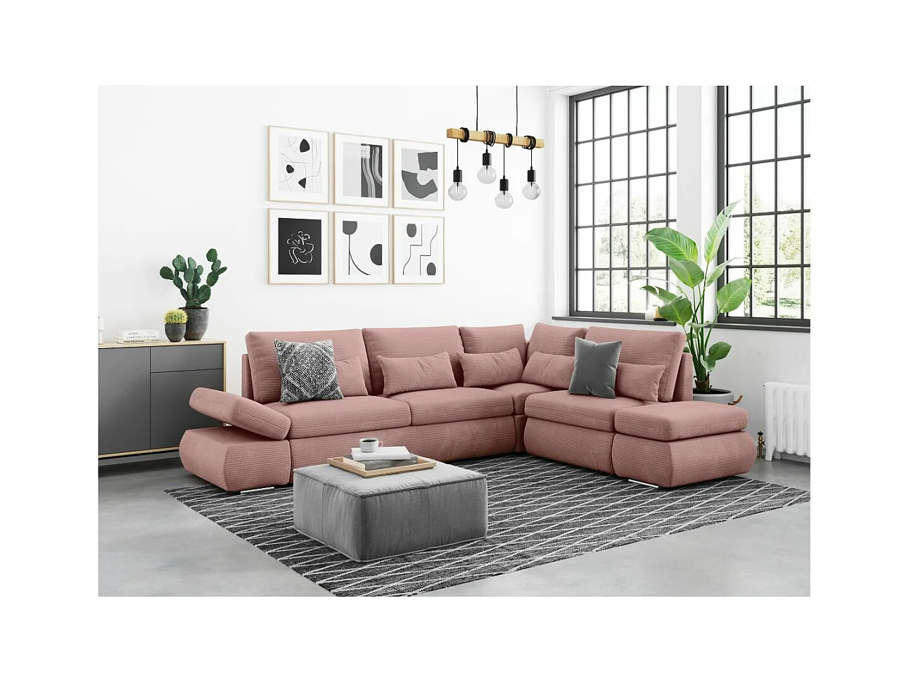 Canapé d'angle 4 places réversible Sebastian convertible avec coffre en velours côtelé - Vieux rose - L267 x P200 x H90cm - Loungitude