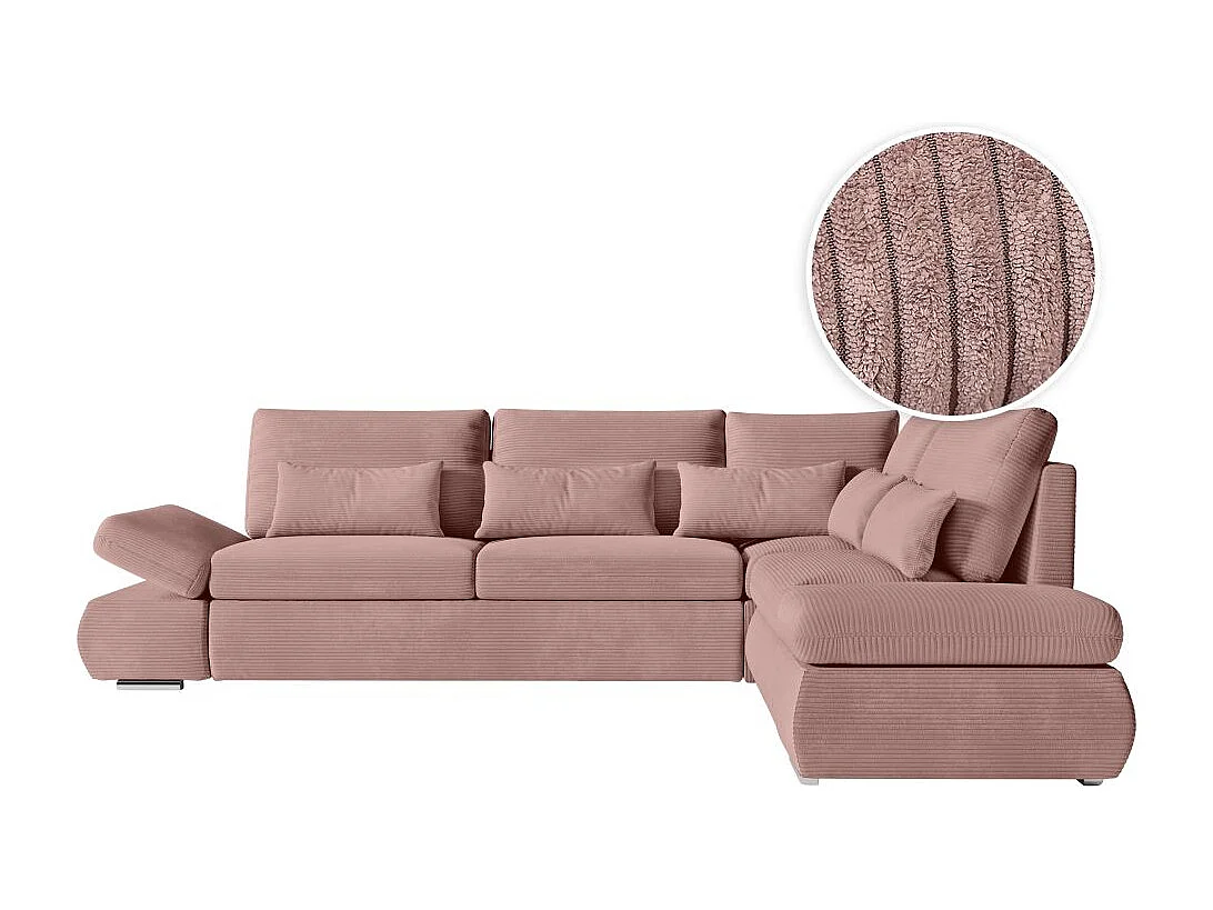 Canapé d'angle 4 places réversible Sebastian convertible avec coffre en velours côtelé - Vieux rose - L267 x P200 x H90cm - Loungitude