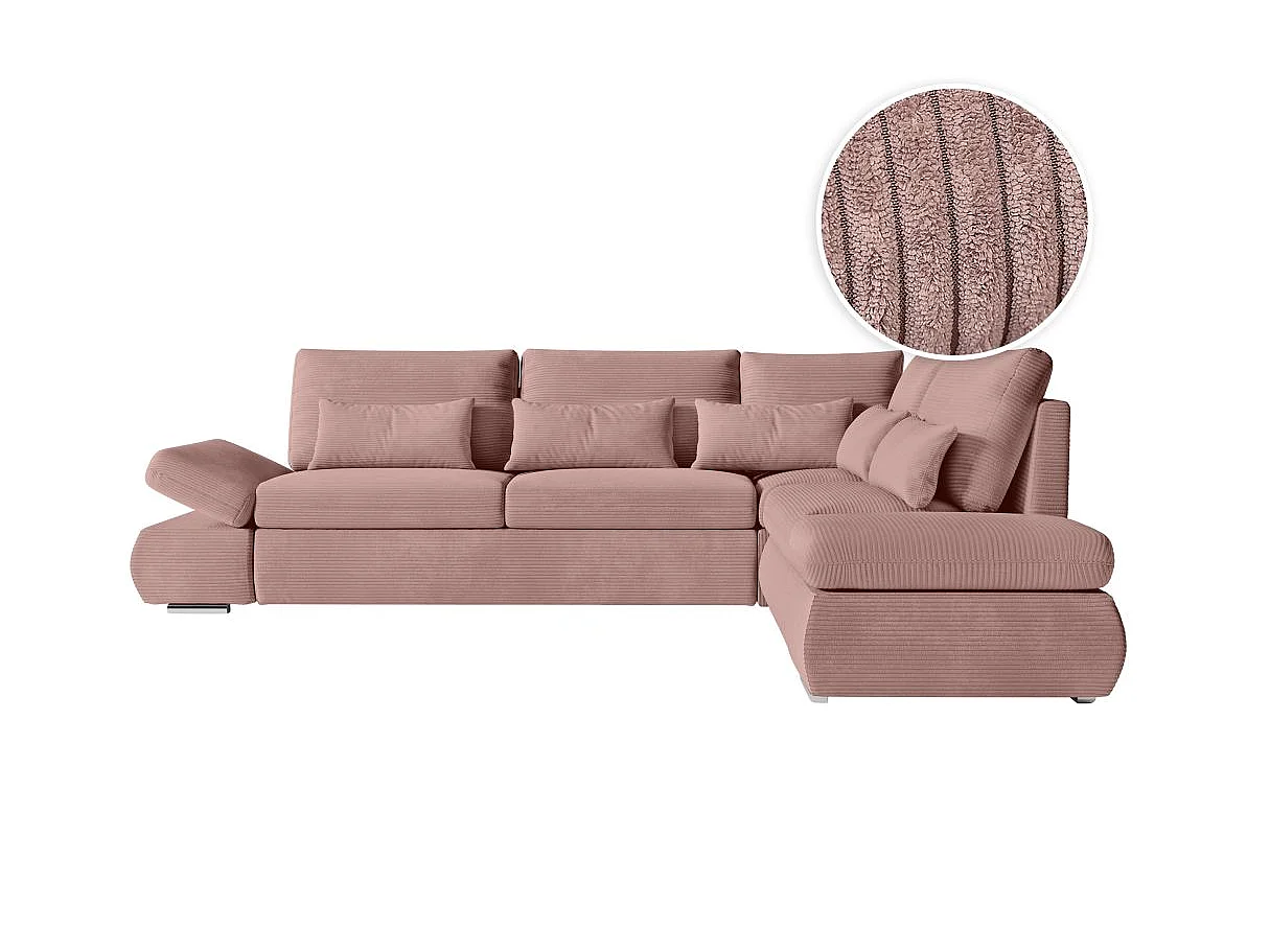 Canapé d'angle convertible 4 places avec coffre en velours rose