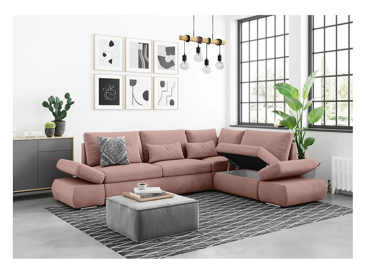 Canapé d'angle convertible 4 places avec coffre en velours rose