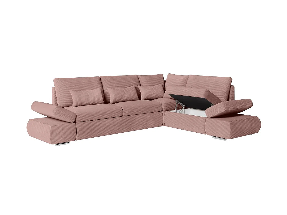 Canapé d'angle convertible 4 places avec coffre en velours rose