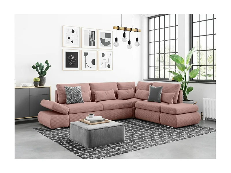 Canapé d'angle 4 places réversible Sebastian convertible avec coffre en velours côtelé - Vieux rose - L267 x P200 x H90cm - Loungitude