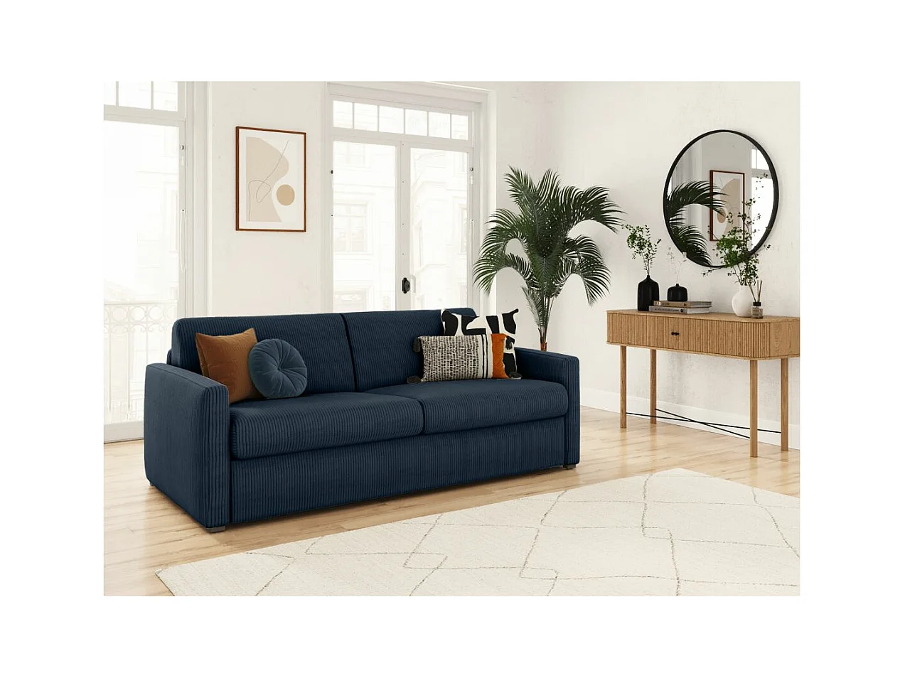 Canapé convertible express 3 places Agathe 160x190cm en velours côtelé - Bleu foncé - Matelas 13cm - L198 x P96 x H88cm - Loungitude