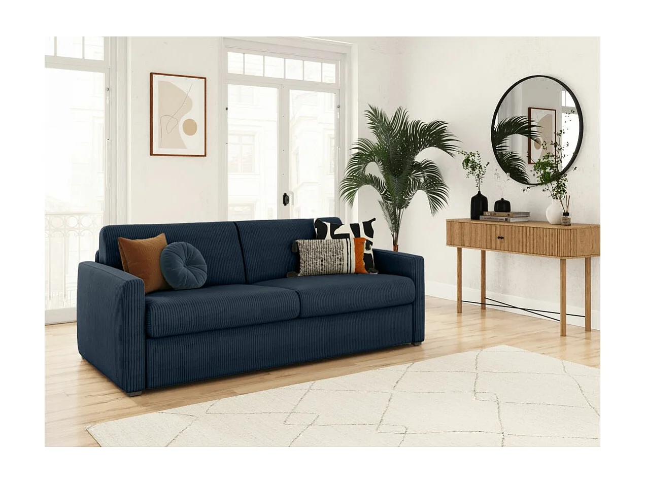 Canapé convertible express 3 places Agathe 160x190cm en velours côtelé - Bleu foncé - Matelas 13cm - L198 x P96 x H88cm - Loungitude