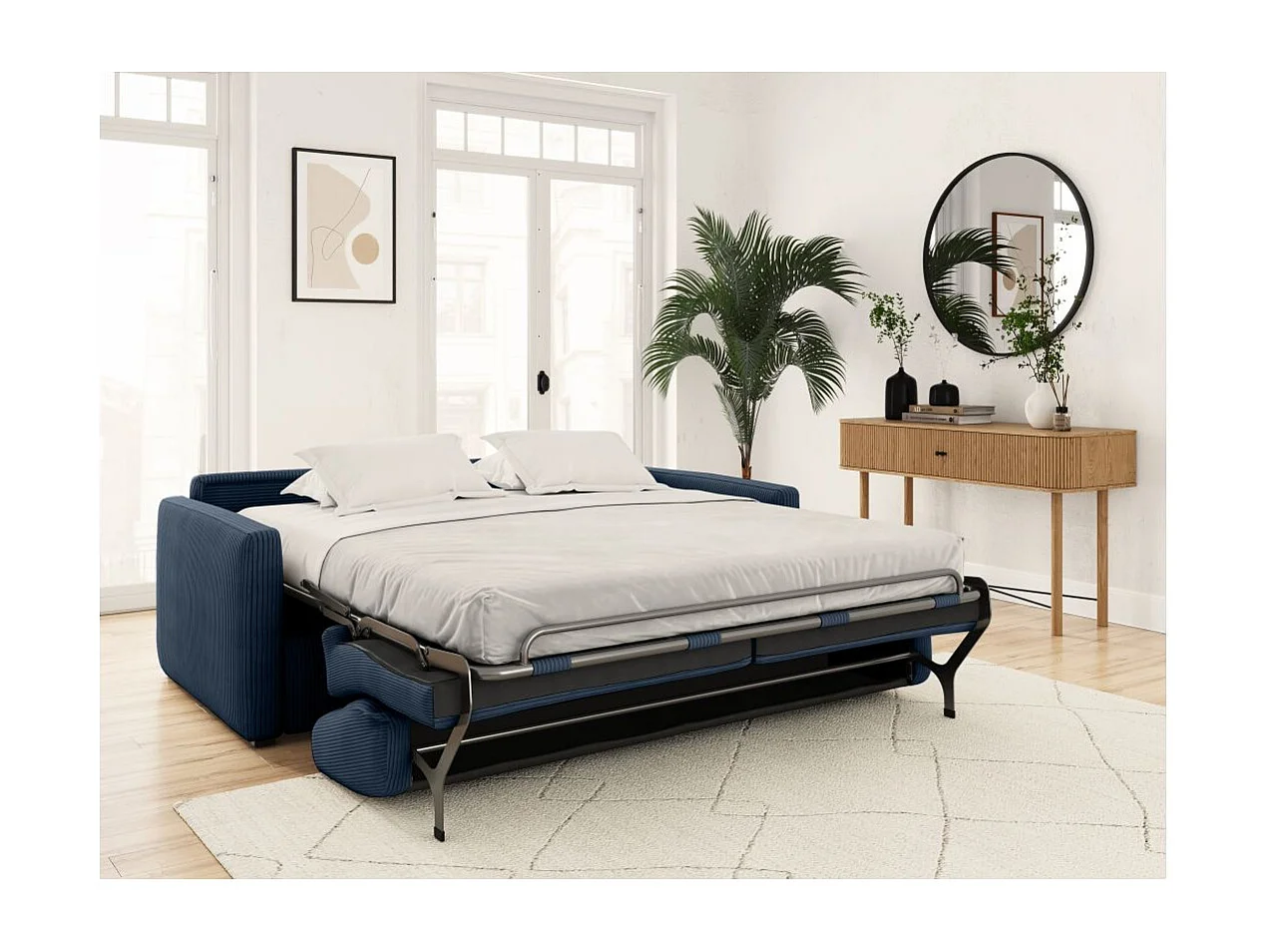 Canapé convertible express 3 places Agathe 160x190cm en velours côtelé - Bleu foncé - Matelas 13cm - L198 x P96 x H88cm - Loungitude