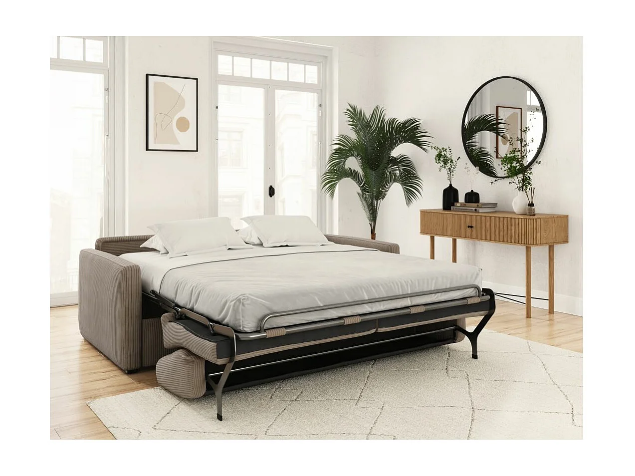 Canapé convertible express 3 places Agathe 160x190cm en velours côtelé - Taupe - Matelas 13cm - L198 x P96 x H88cm - Loungitude