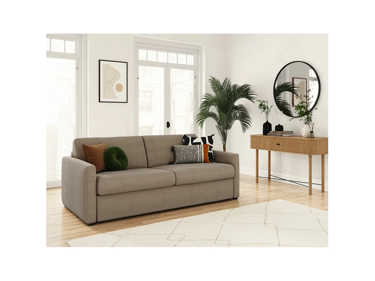 Canapé convertible express 3 places Agathe 160x190cm en velours côtelé - Taupe - Matelas 13cm - L198 x P96 x H88cm - Loungitude