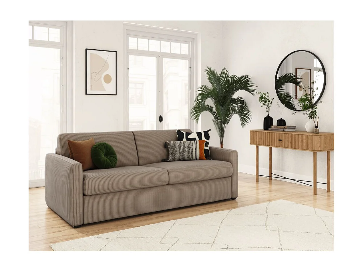Canapé convertible express 3 places Agathe 160x190cm en velours côtelé - Taupe - Matelas 13cm - L198 x P96 x H88cm - Loungitude