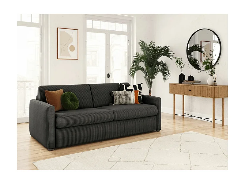 Canapé convertible express 3 places Agathe 140x190cm en velours côtelé - Gris anthracite - Matelas 13cm - L178 x P96 x H88cm - Loungitude