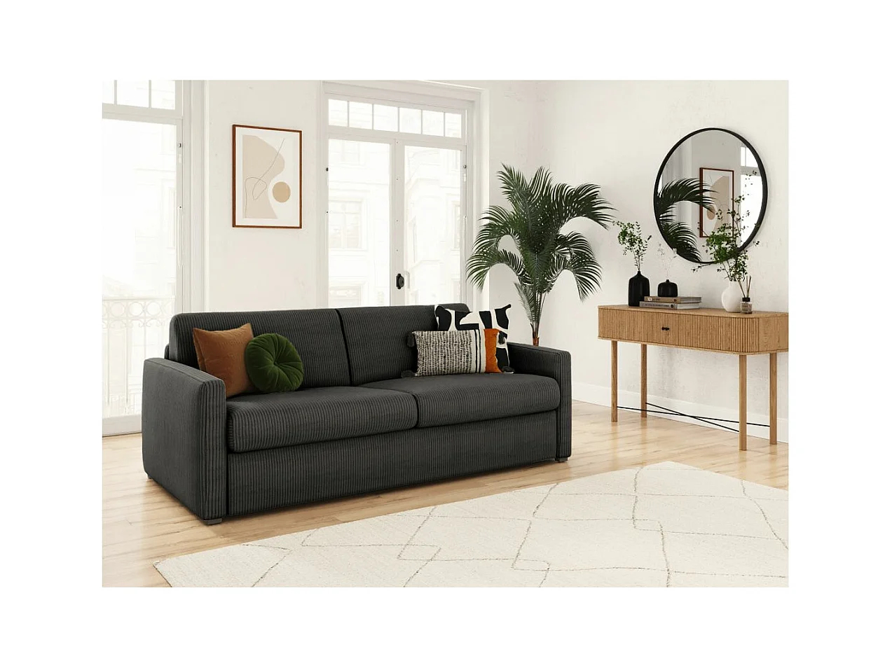 Canapé convertible express 3 places Agathe 140x190cm en velours côtelé - Gris anthracite - Matelas 13cm - L178 x P96 x H88cm - Loungitude