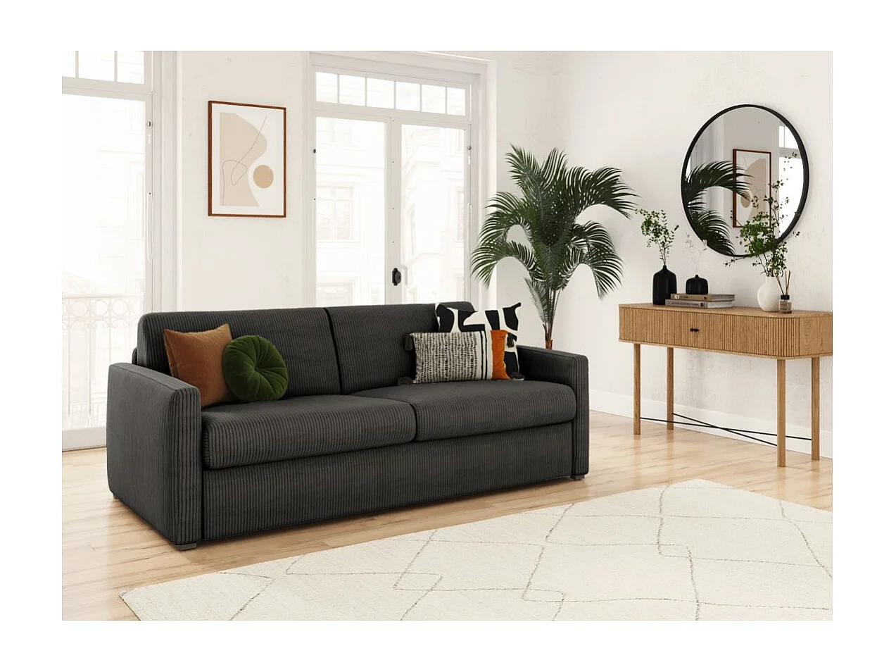 Canapé convertible express 3 places Agathe 140x190cm en velours côtelé - Gris anthracite - Matelas 13cm - L178 x P96 x H88cm - Loungitude