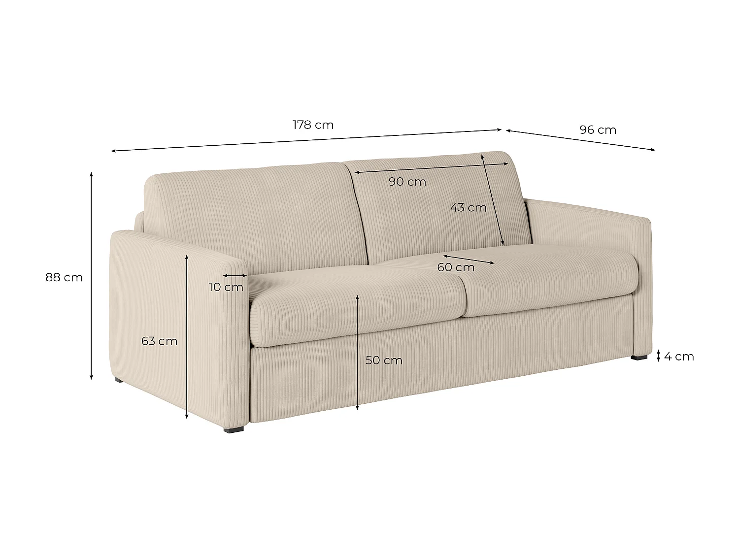 Canapé convertible express 3 places Agathe 140x190cm en velours côtelé - Gris anthracite - Matelas 13cm - L178 x P96 x H88cm - Loungitude