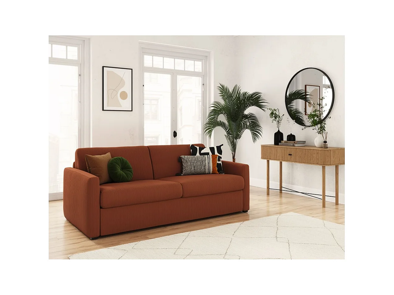 Canapé convertible express 3 places Agathe 160x190cm en velours côtelé - Terracotta - Matelas 13cm - L198 x P96 x H88cm - Loungitude