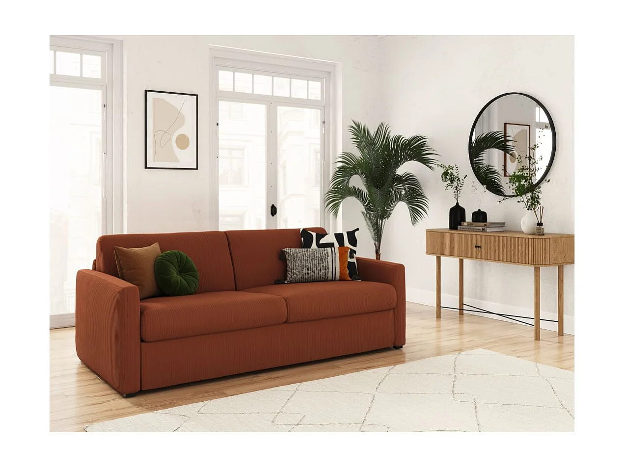 Canapé convertible express 3 places Agathe 160x190cm en velours côtelé - Terracotta - Matelas 13cm - L198 x P96 x H88cm - Loungitude