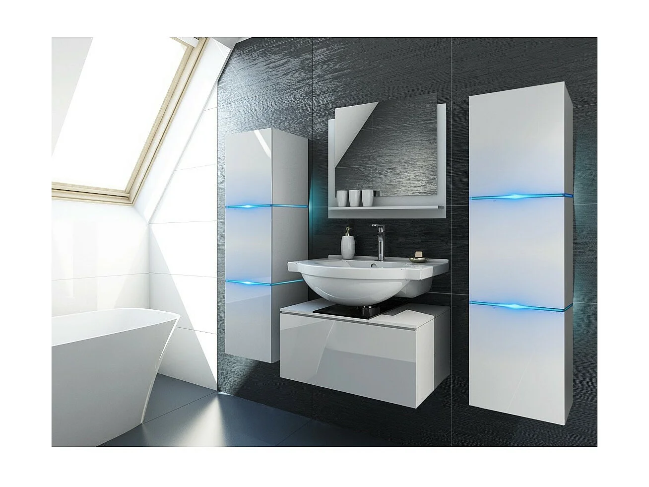 Hängender Badezimmerschrank, Kollektion OWL, in Mattweiß und Glanzweiß, ideal für ein Design-Badezimmer.