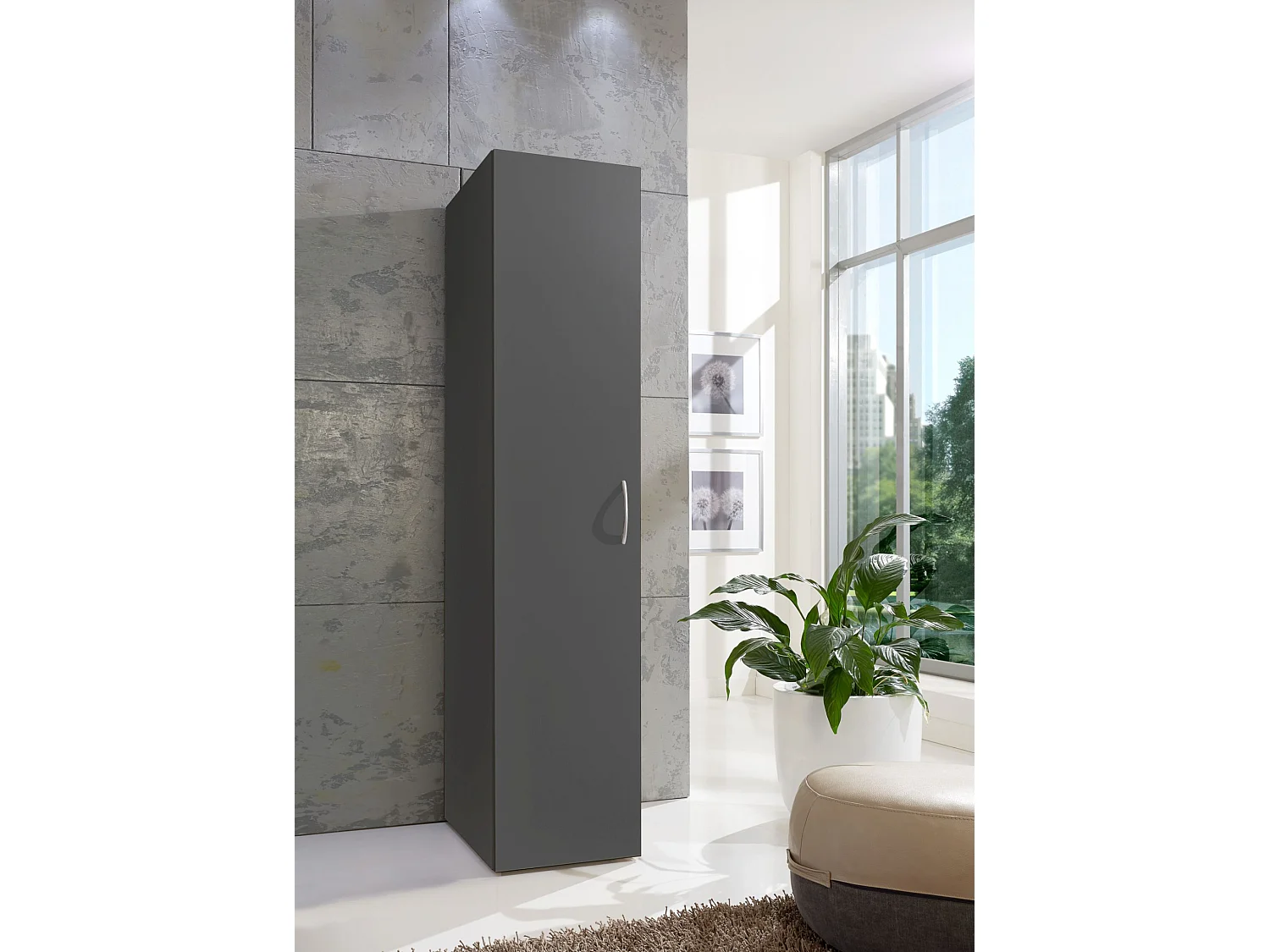 Armoire de rangement avec 1 porte en bois mélamine coloris graphite - L. 50 x H. 185 x P. 54 cm