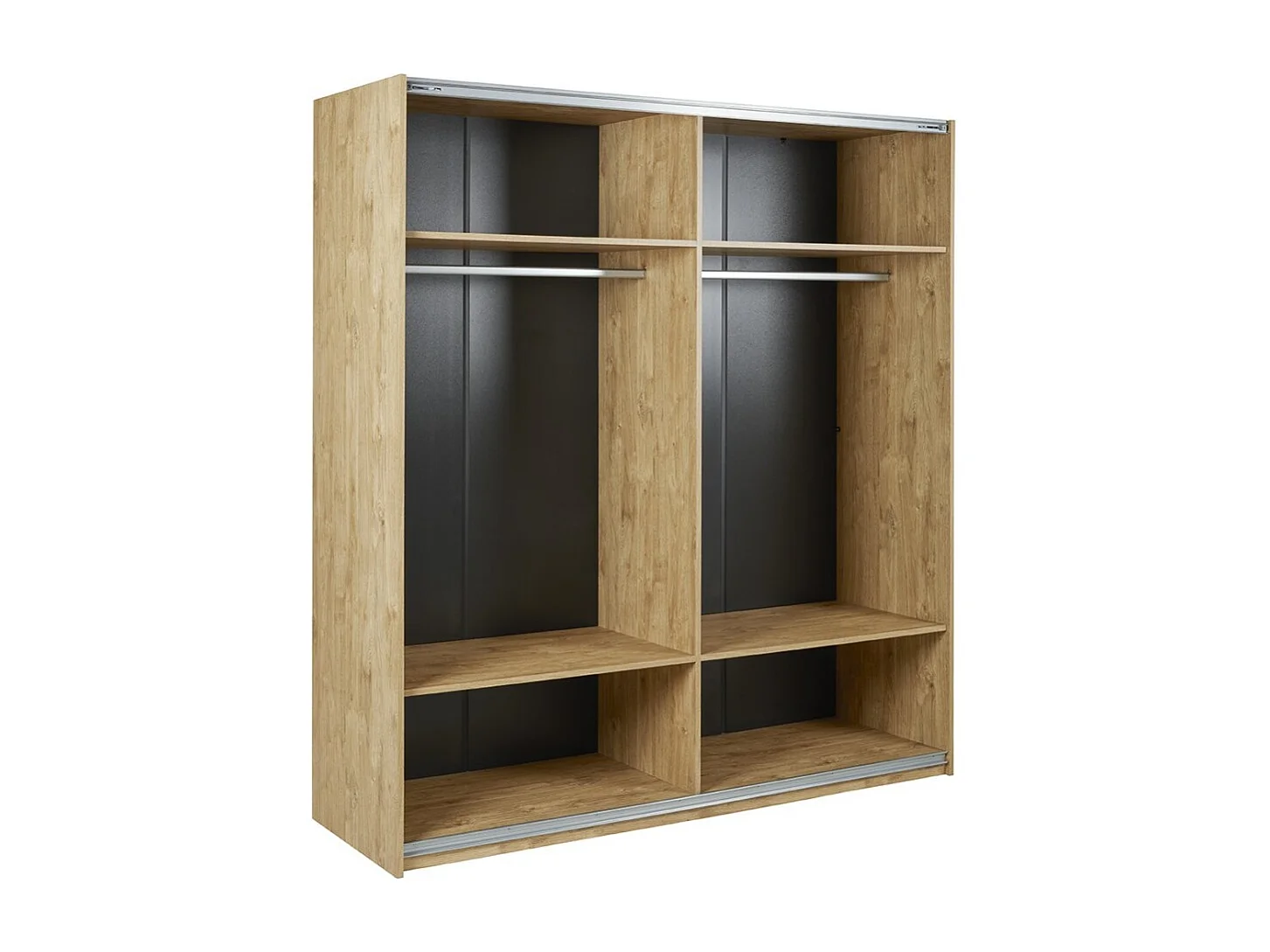 Chambre à coucher collection MORGANE : armoire 200 cm, lit avec applique 160x200, commode, chevets, chêne doré et noir