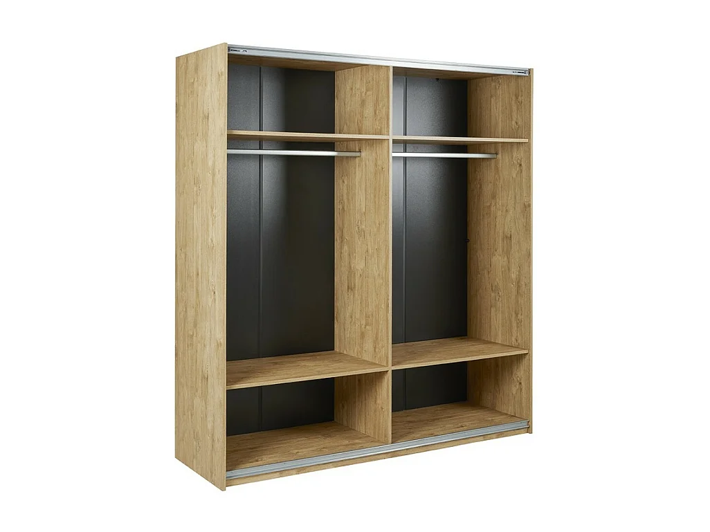 Chambre à coucher collection MORGANE : armoire 200 cm, lit avec applique 140x200, commode, chevets, chêne doré et noir