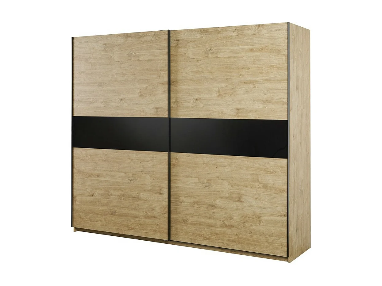 Chambre à coucher collection MORGANE : armoire 250 cm, lit avec applique 160x200, commode, chevets, chêne doré et noir