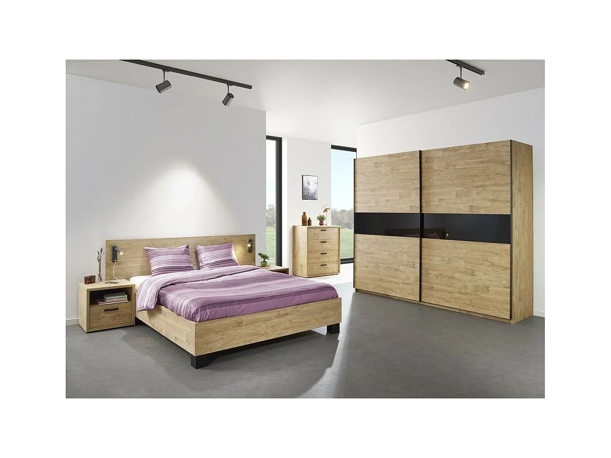 Chambre à coucher collection MORGANE : armoire 250 cm, lit avec applique 160x200, commode, chevets, chêne doré et noir