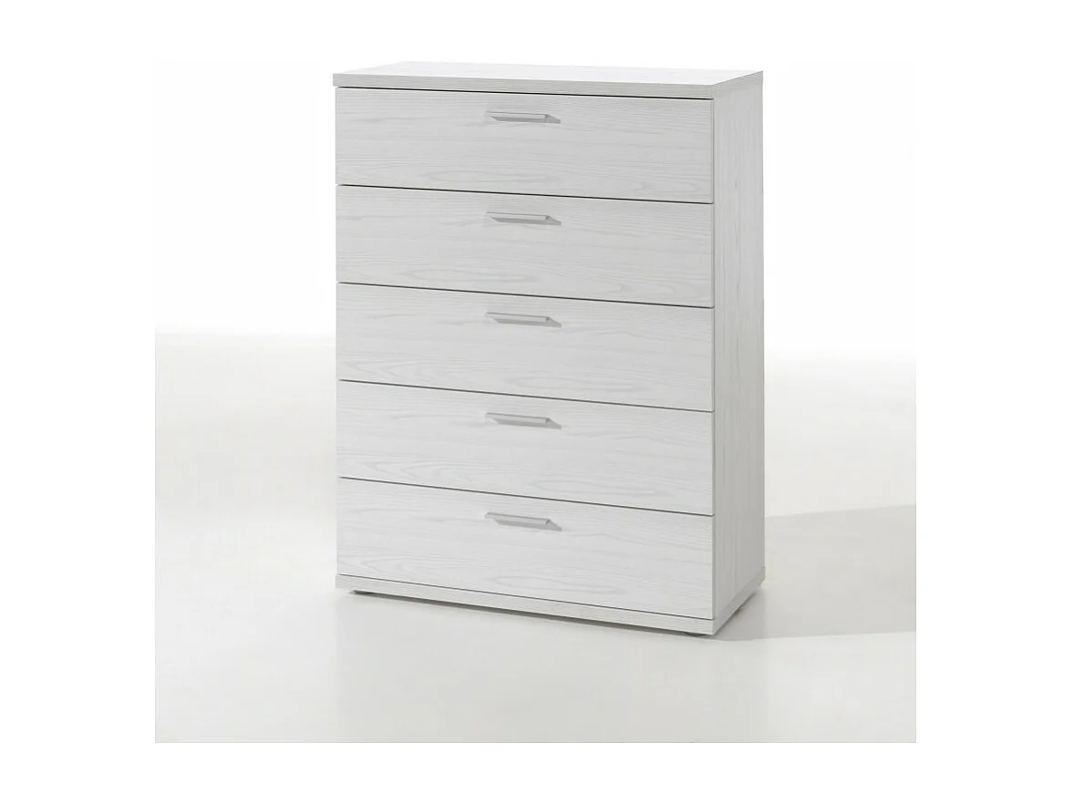 Chambre à coucher adulte collection OLVENA : Armoire 250cm, Lit 160x200, commode, chevets. Couleur blanc effet bois.