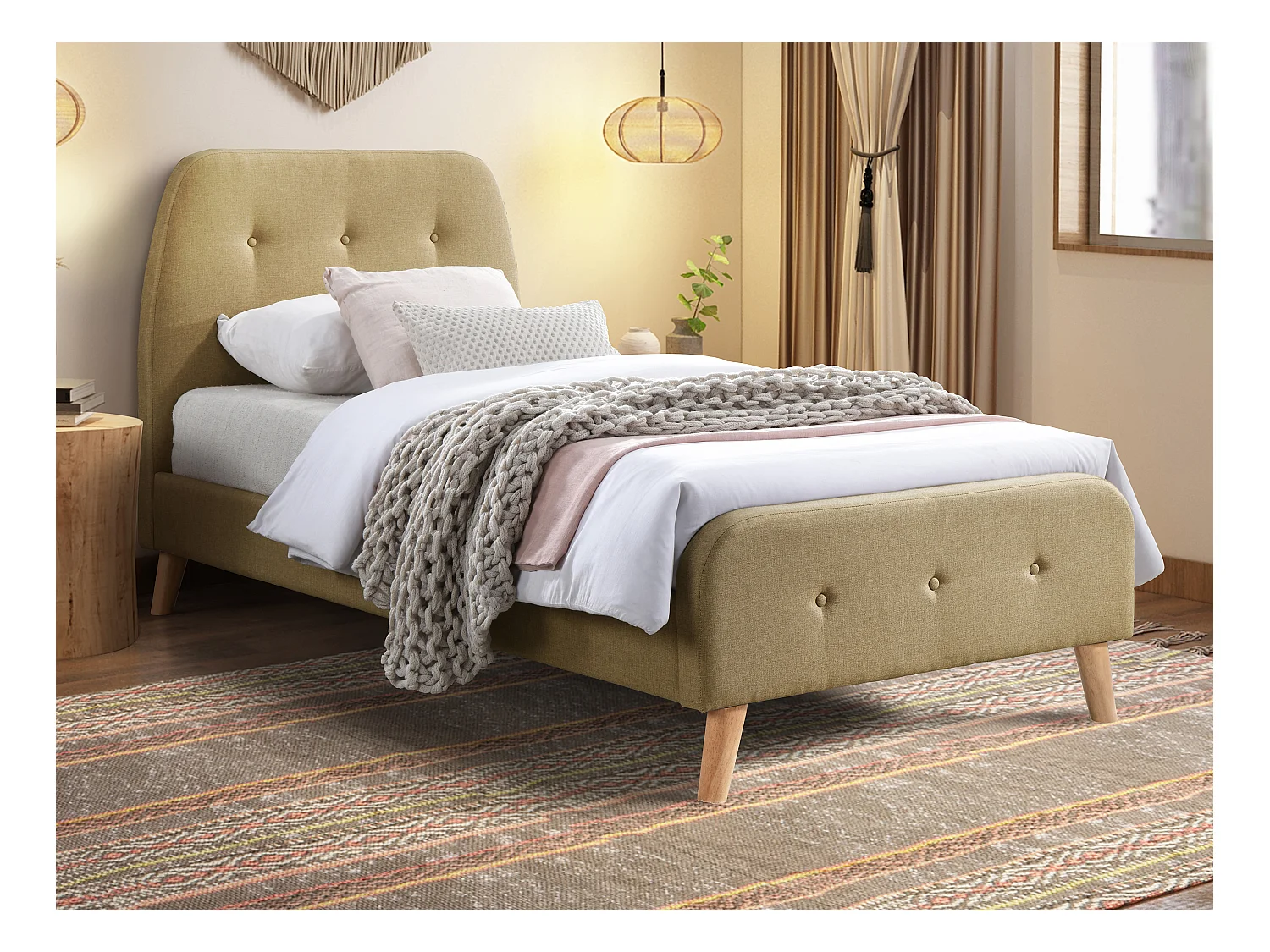 Lit 90 x 190 cm avec tête de lit capitonnée - Tissu - Beige + Matelas - ROMEO