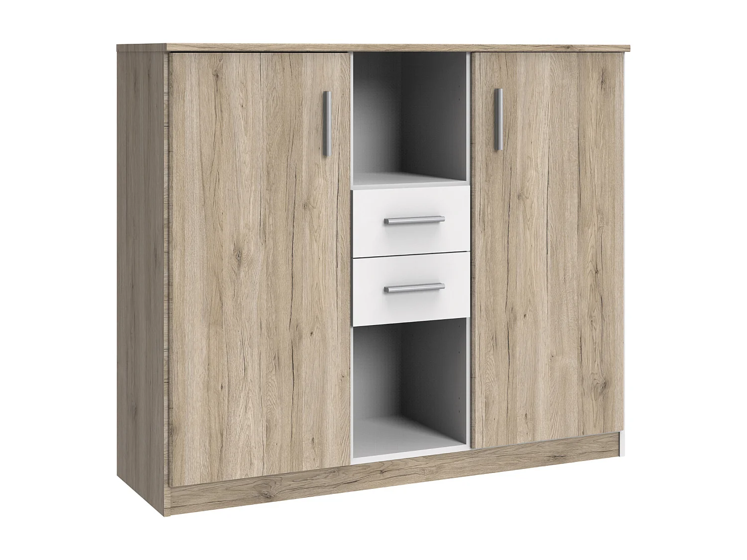 Buffet, meuble de rangement coloris Imitation chêne San Remo, rechampis blanc