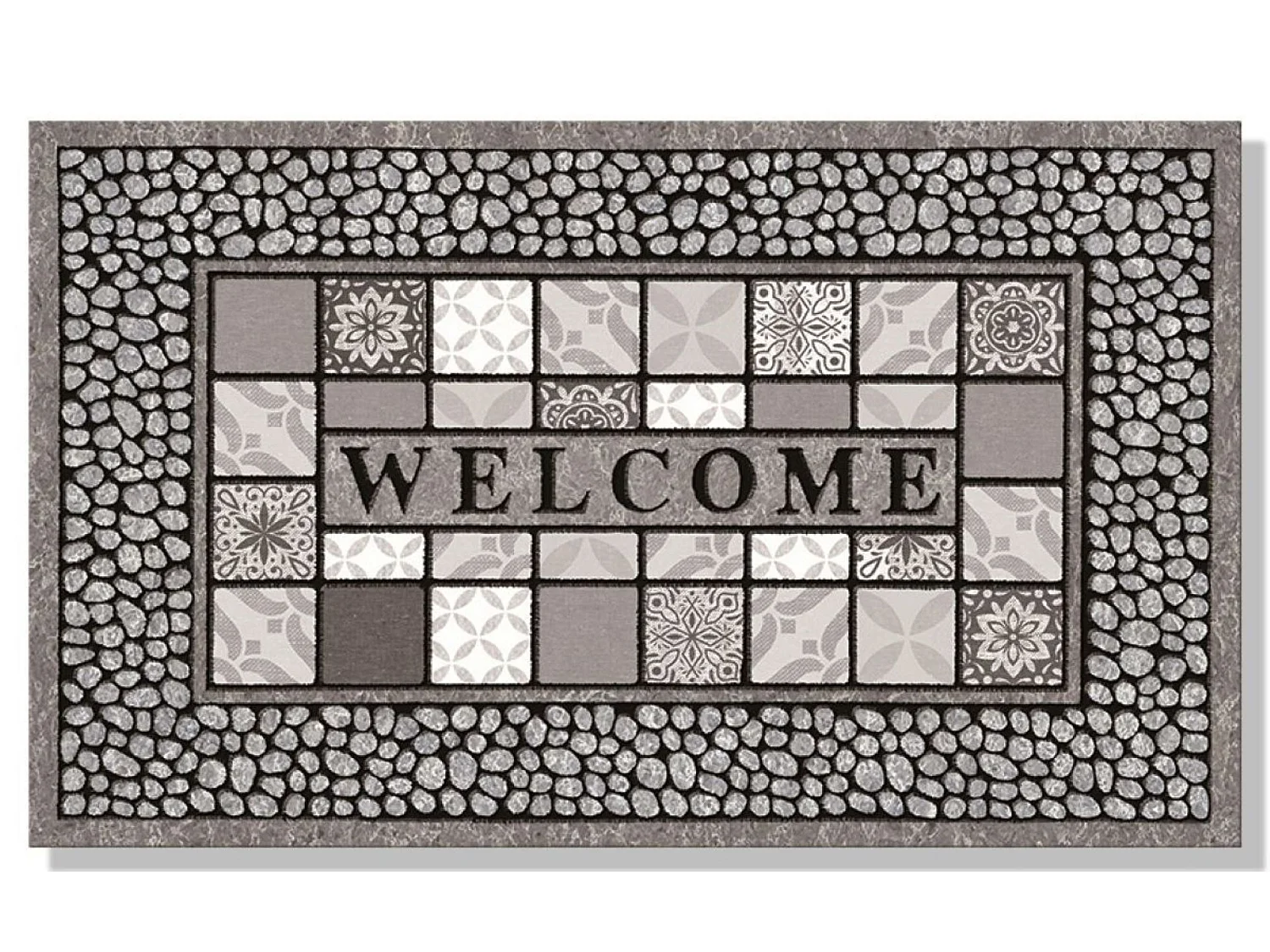 Tapis gratte-pieds " Carreaux Galets Welcome " en Caoutchouc flocké