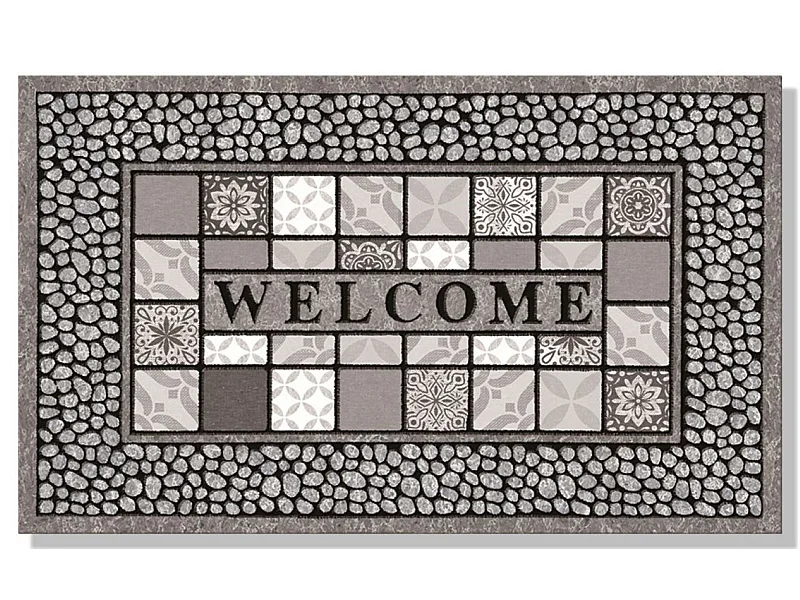 Tapis gratte-pieds " Carreaux Galets Welcome " en Caoutchouc flocké