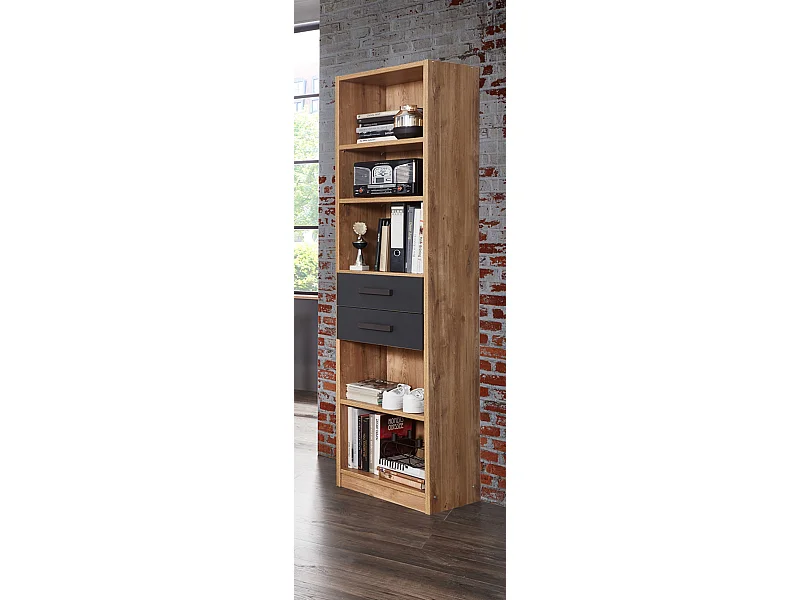 Etagère Imitation chêne poutre, rechampis graphite - L 47 x H 198 x P 38 cm