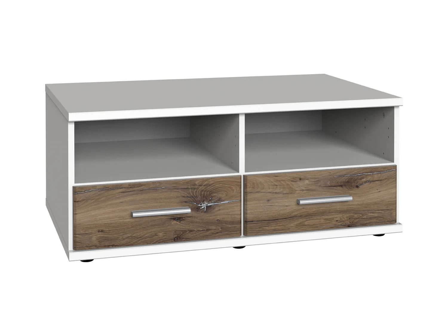 Meuble TV bas coloris Blanc, rechampis imitation chêne Flagstaff - L. 92 x H. 38 x P. 58 cm