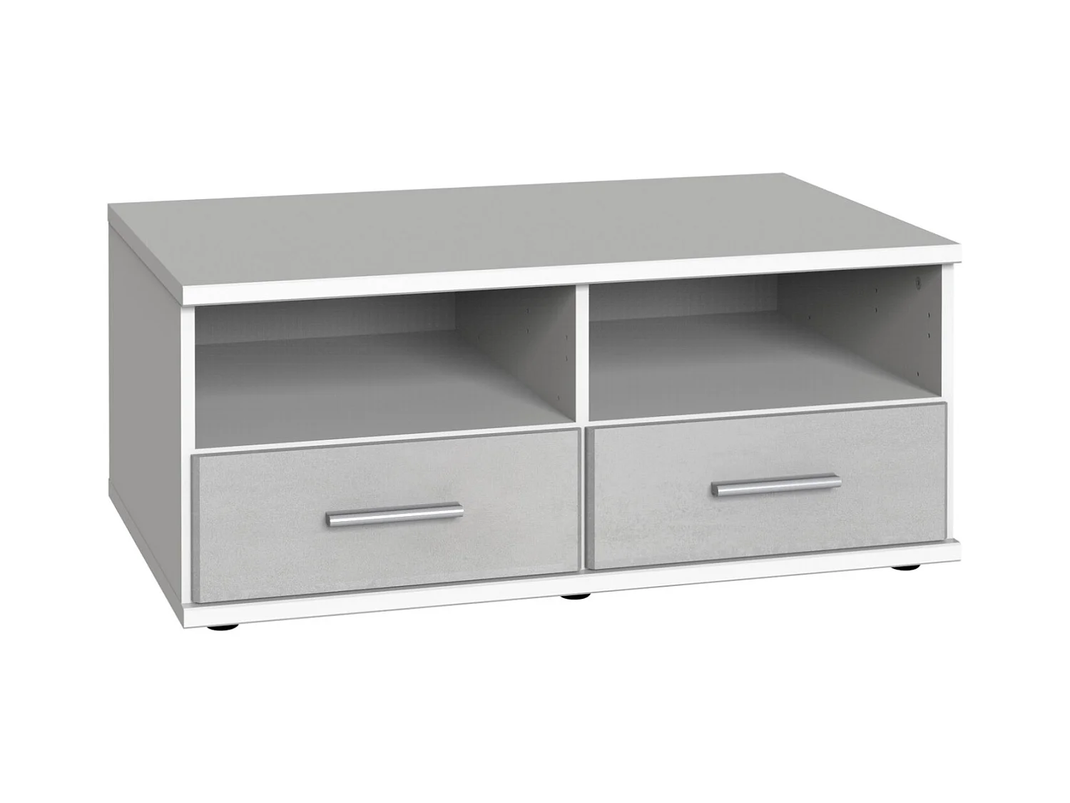 Meuble TV bas coloris Blanc, rechampis teinte béton gris clair - L. 92 x H. 38 x P. 58 cm