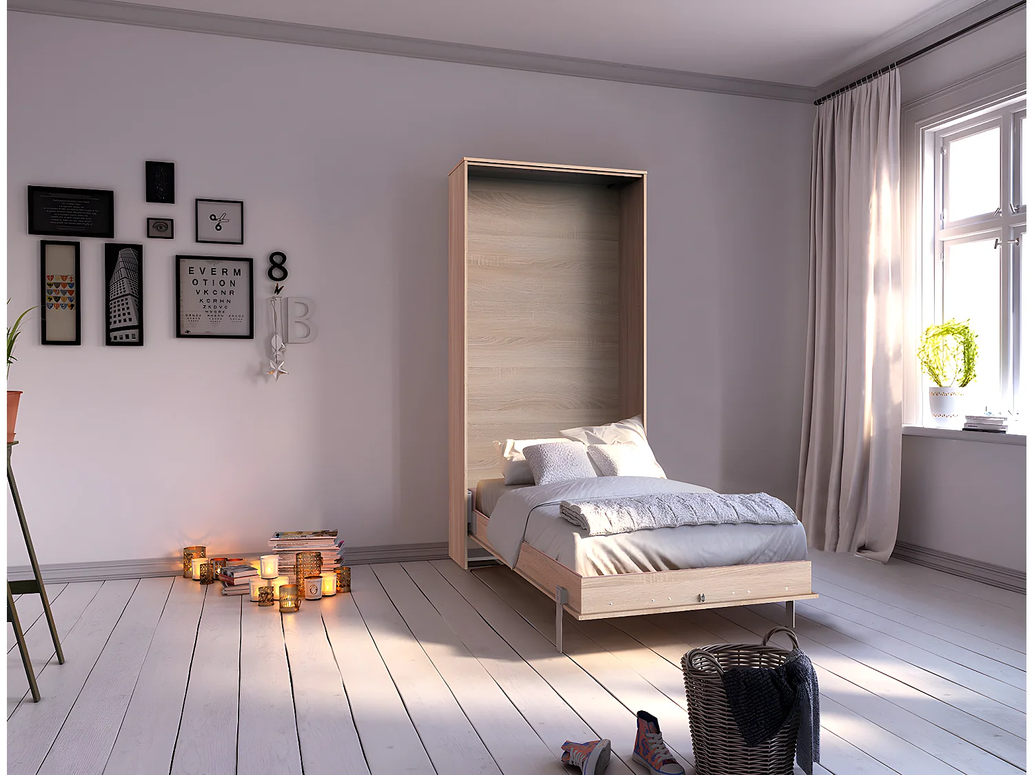 Lit escamotable vertical coloris imitation chêne - L. 102 x H. 213 x P. 43-217 cm