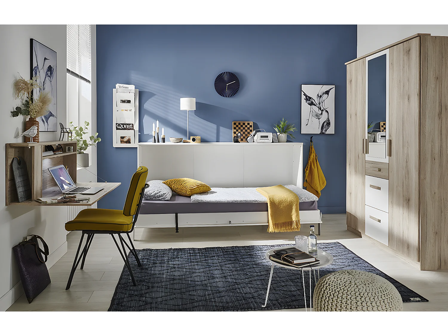 Lit escamotable horizontal coloris blanc - L. 212 x H. 105 x P. 43-117 cm