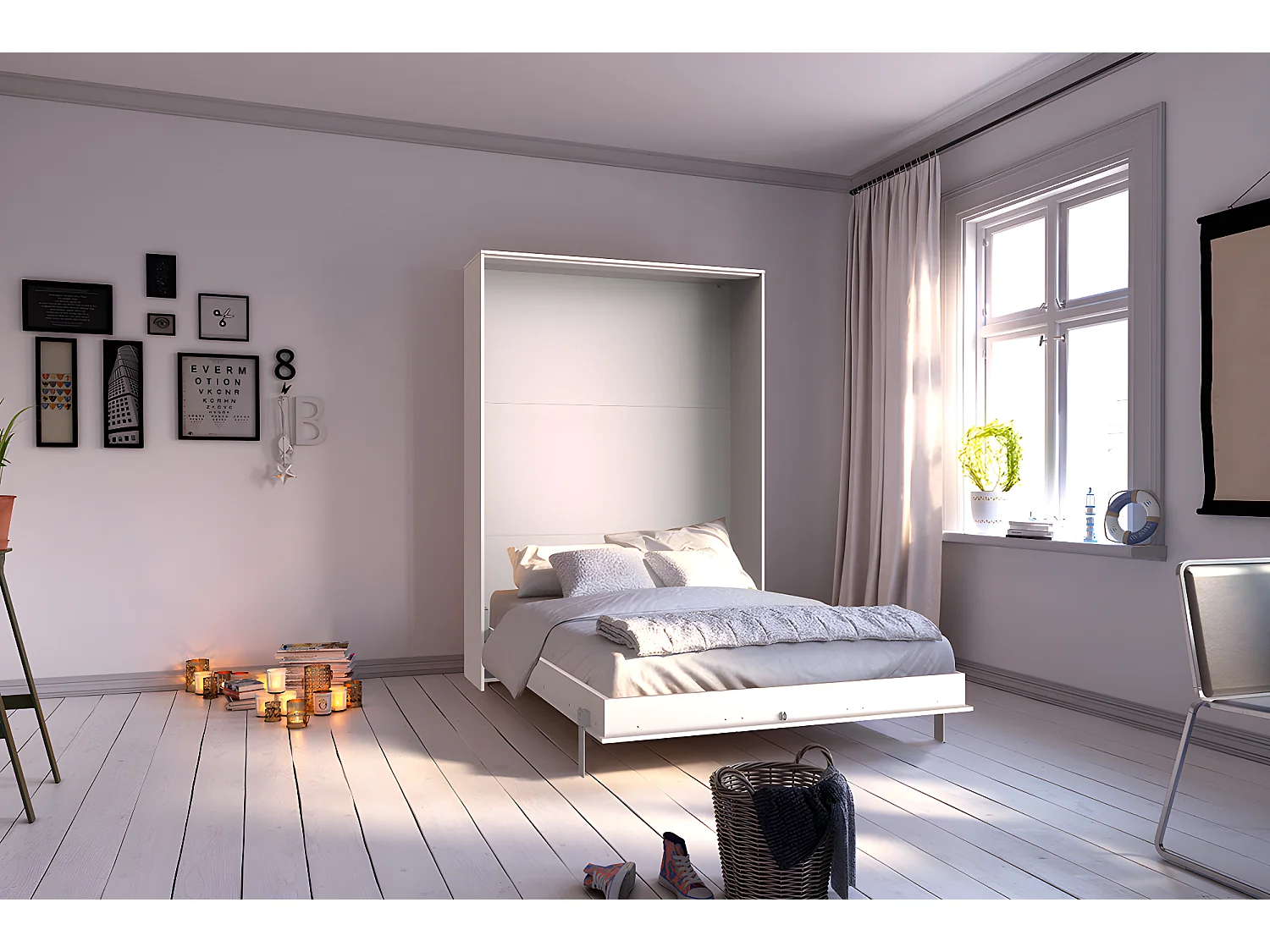 Lit escamotable vertical coloris blanc - Longueur 152 x Hauteur 213 x Profondeur 43-217 cm