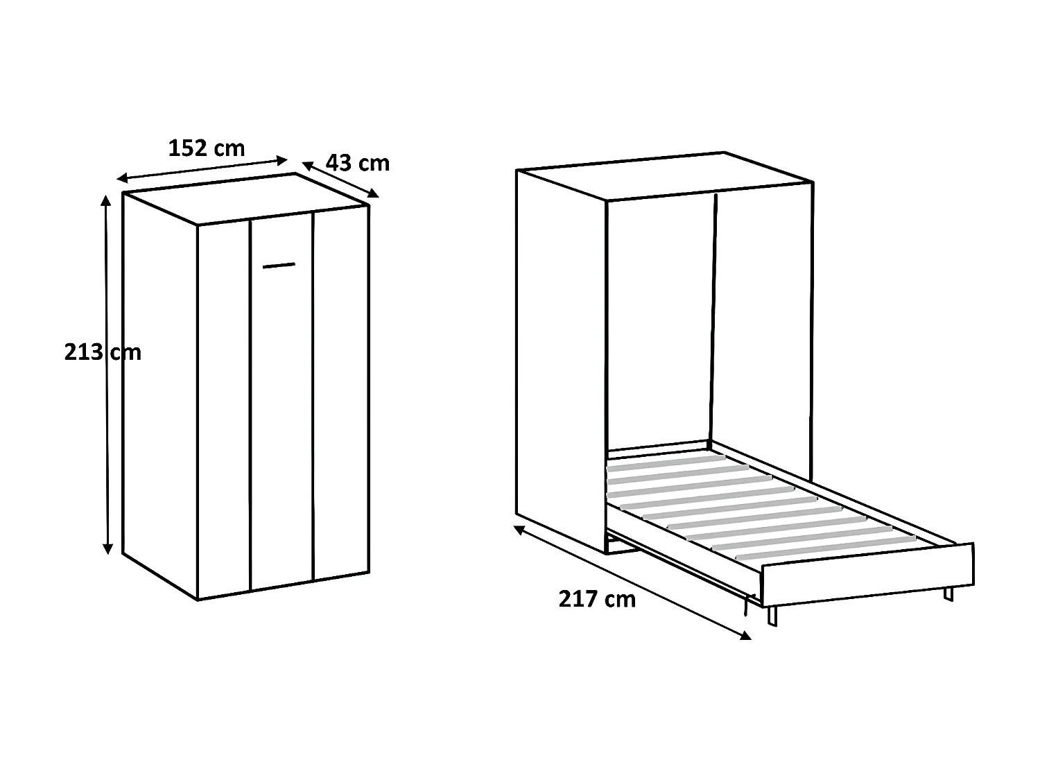 Lit escamotable vertical coloris blanc - Longueur 152 x Hauteur 213 x Profondeur 43-217 cm