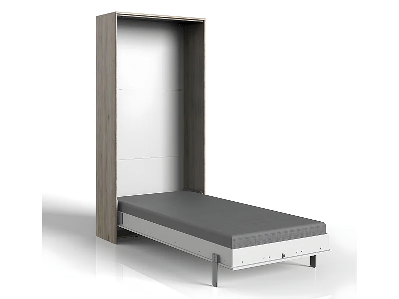 Lit escamotable vertical coloris blanc/imitation chêne - L. 102 x H. 213 x P. 43-217 cm