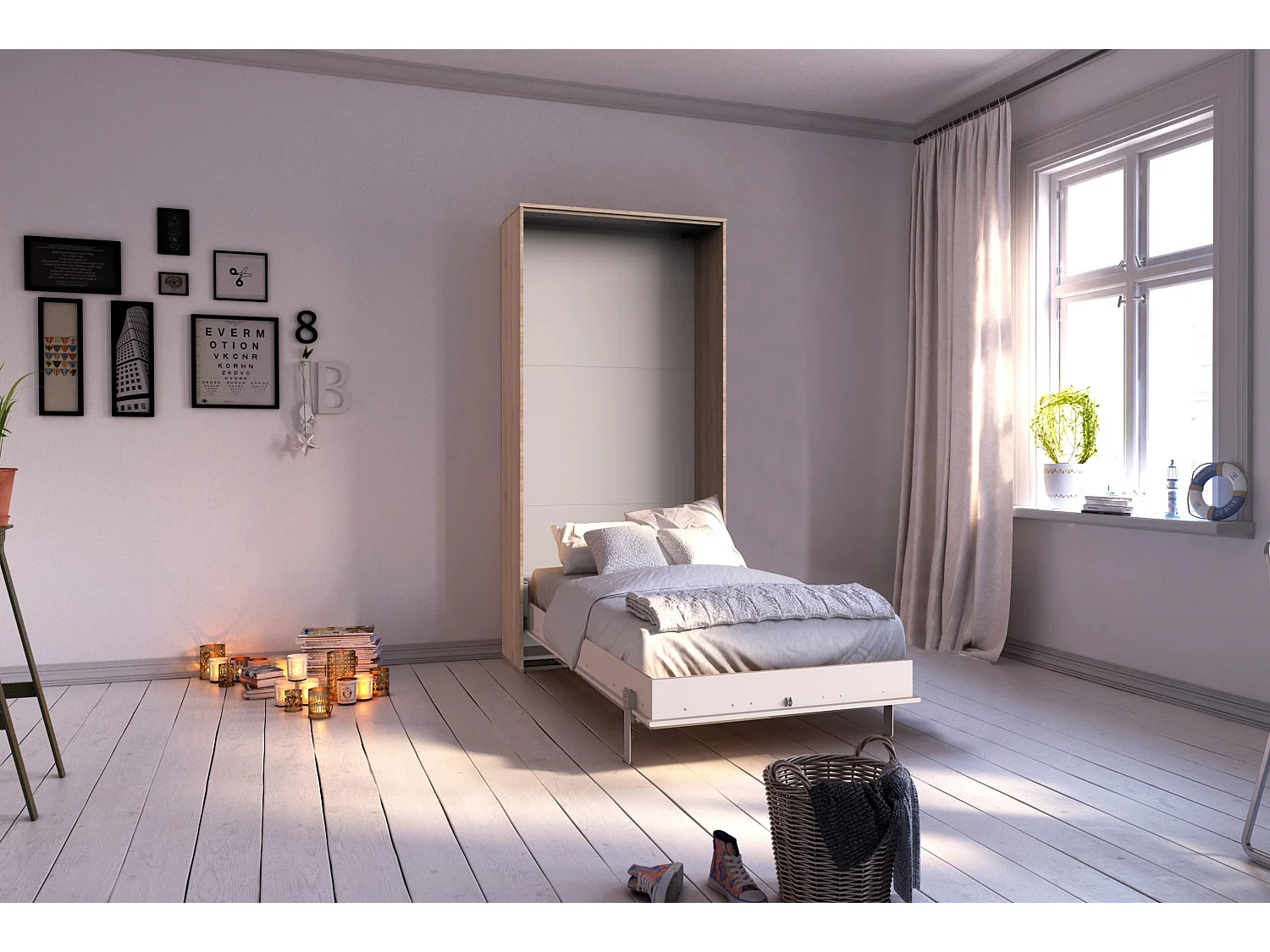 Lit escamotable vertical coloris blanc/imitation chêne - L. 102 x H. 213 x P. 43-217 cm