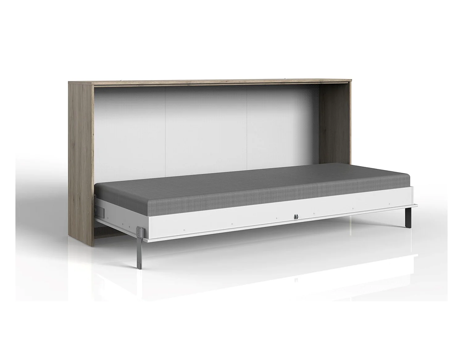 Lit escamotable horizontal coloris blanc/imitation chêne - L. 212 x H. 105 x P. 43-117 cm