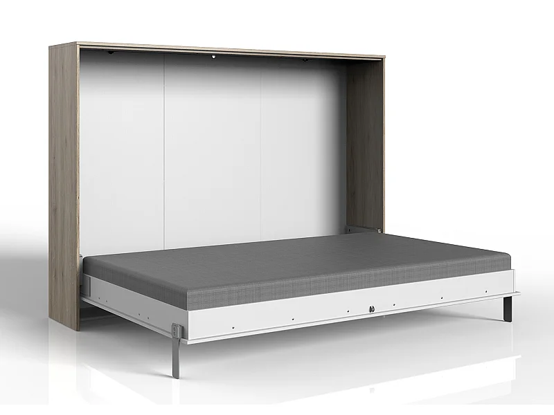 Lit escamotable horizontal coloris blanc/imitation chêne - L. 212 x H. 154 x P. 43-167 cm